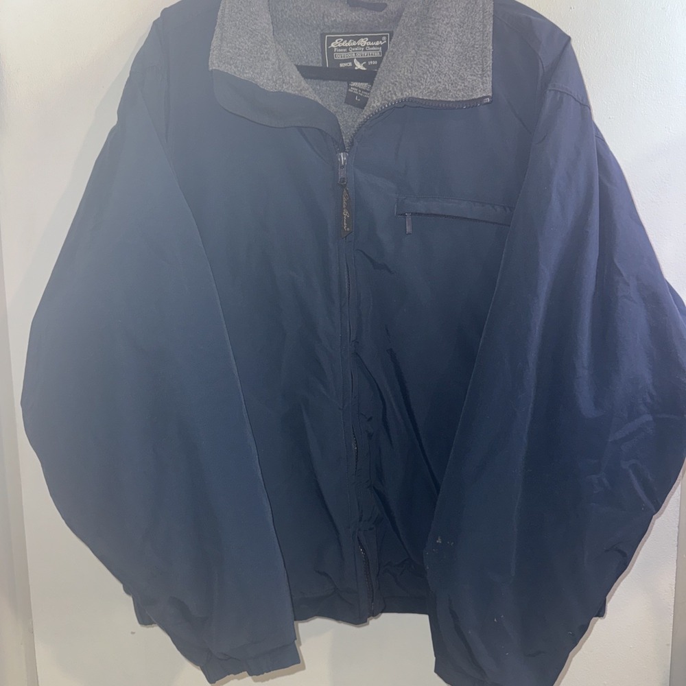 Vtg 90s Eddie Bauer Men's L Blue Bomber Jacket Lined Full Zip Dad Outdoor Flaw